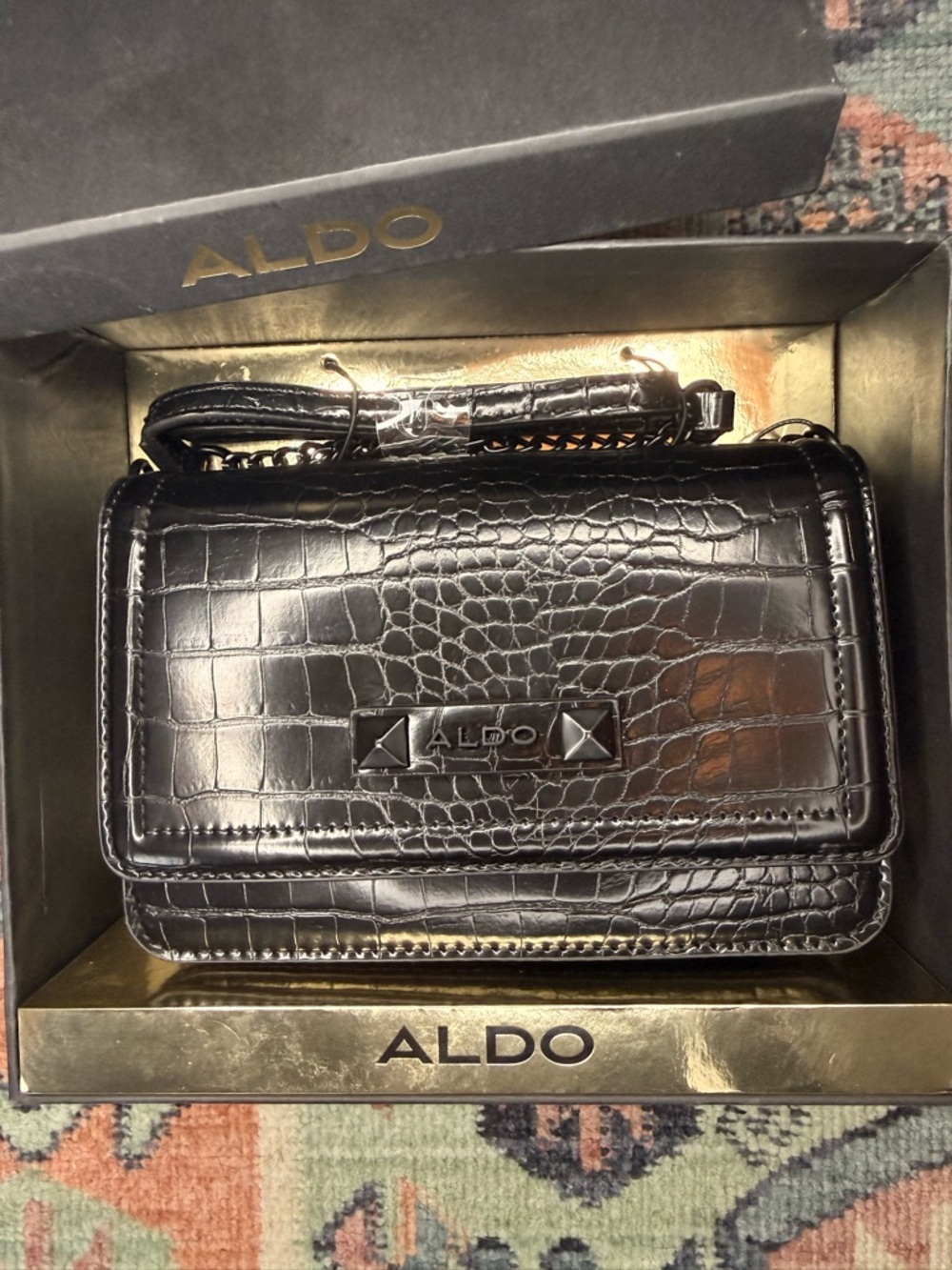 Aldo Black Croc Embossed Crossbody Bag New in Box